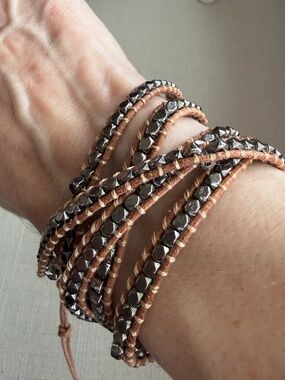 Victoria Emerson Leather Wrap Bracelet | Metallic Hematite Beads | Boho Layered